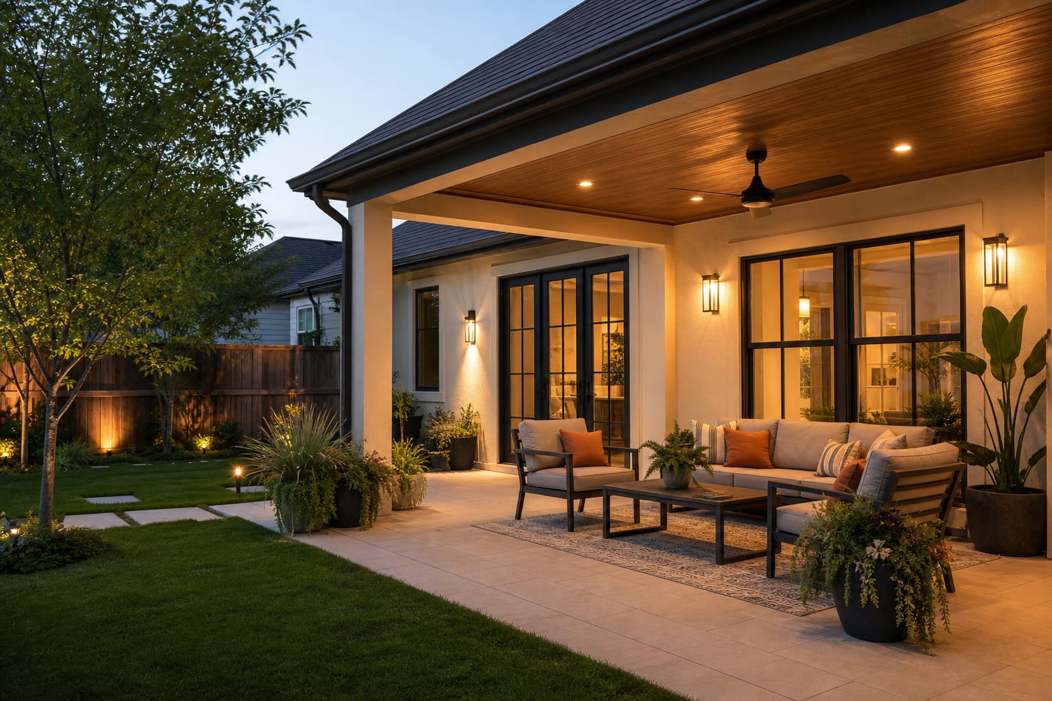 Same covered patio angle with a matte outdoor ceiling fan, organized lounge seating, pale patio flooring, and planting that softens the shaded edge.