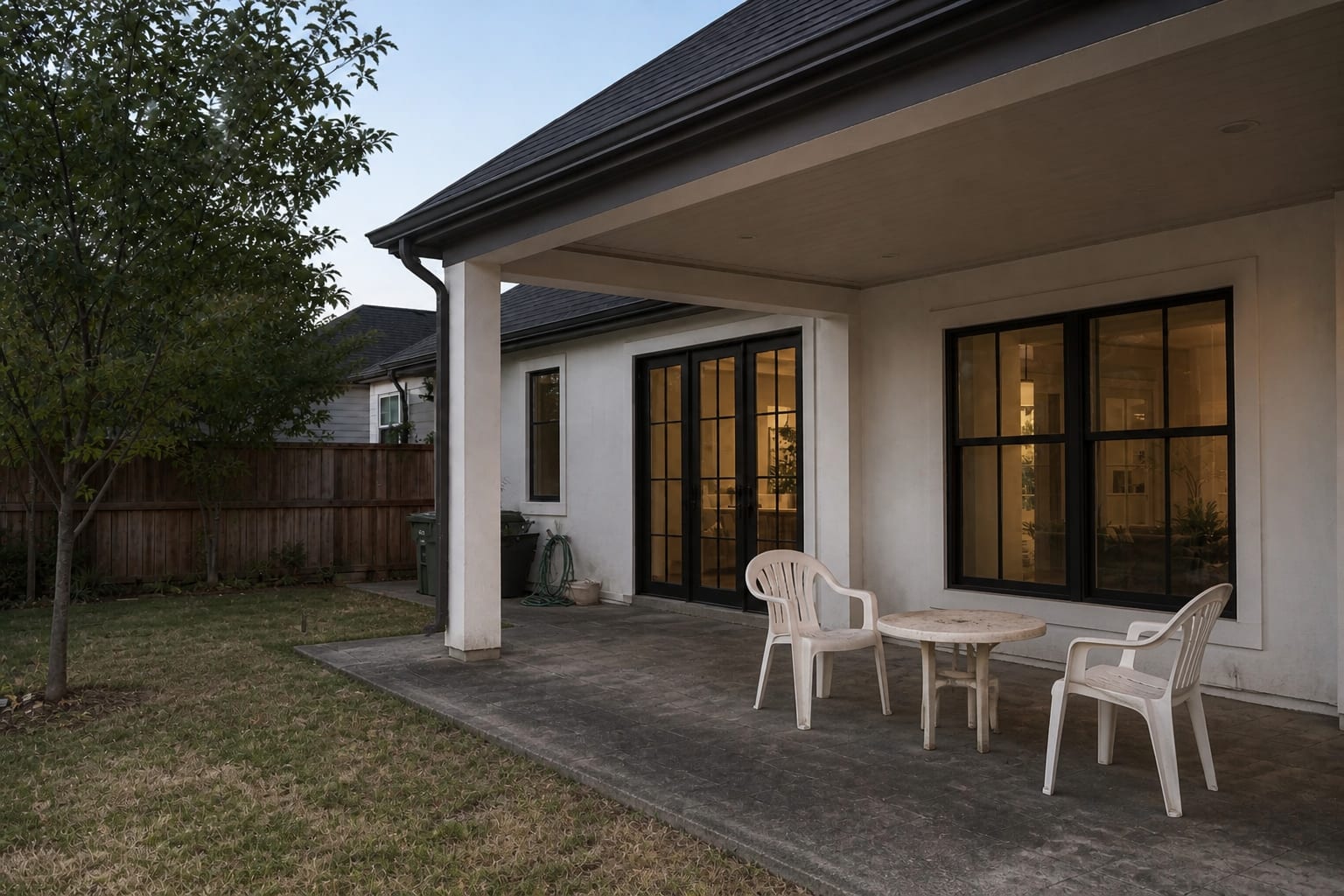 Under-designed covered patio with heavy still air, mismatched chairs, a bare ceiling, and dark paving that makes the seating area feel hot.
