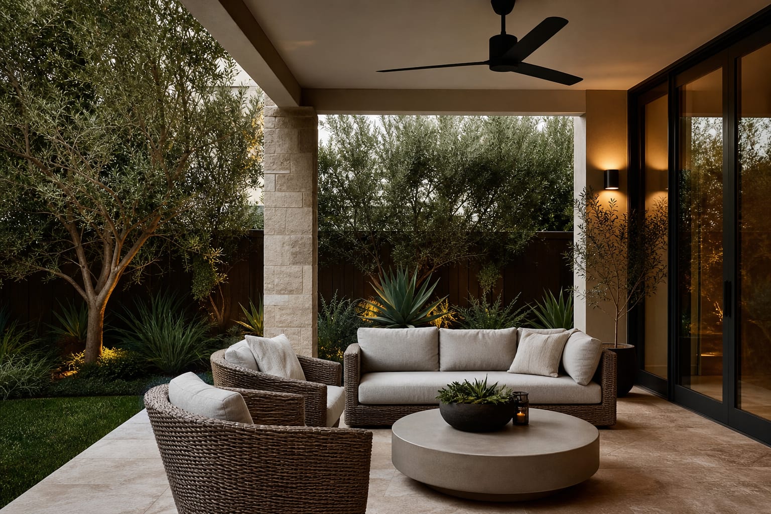 covered patio with a matte black outdoor ceiling fan above woven seating, pale tile flooring, and shaded planting beds