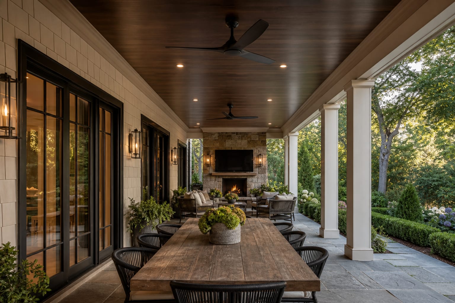 long covered porch with two matching outdoor fans aligned over separate dining and lounge zones