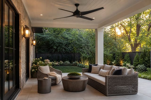 covered patio with a matte black outdoor ceiling fan above woven seating, pale tile flooring, and shaded planting beds
