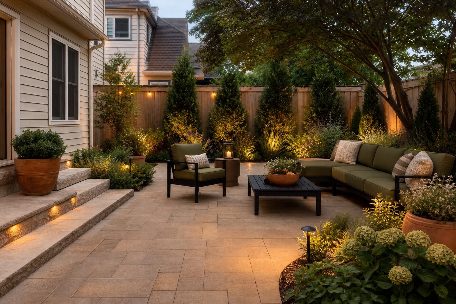 same patio with warm neutral pavers, olive cushions, terracotta planters, black furniture frames, and coordinated planting