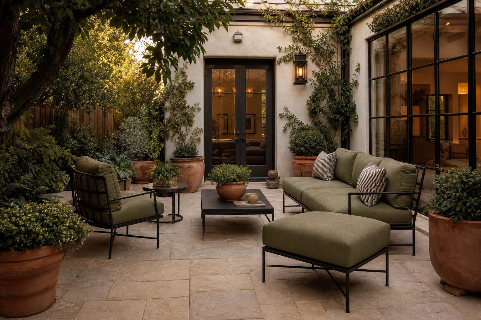 patio with warm neutral pavers, olive cushions, black metal furniture, terracotta planters, and layered greenery