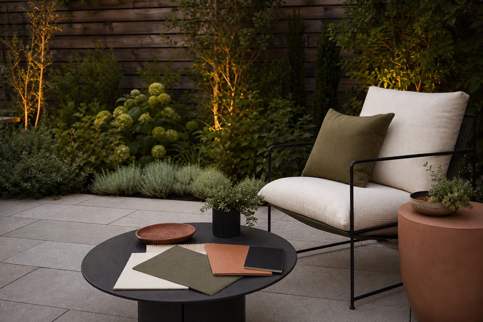 outdoor palette samples on patio pavers with cream fabric, olive cushion fabric, terracotta, black metal, and greenery
