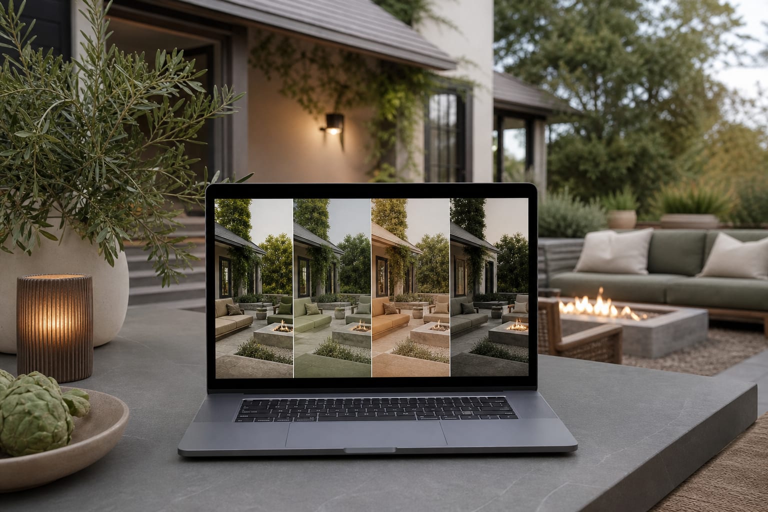 patio preview on a laptop showing alternate outdoor palettes with olive, slate, terracotta, and cream options