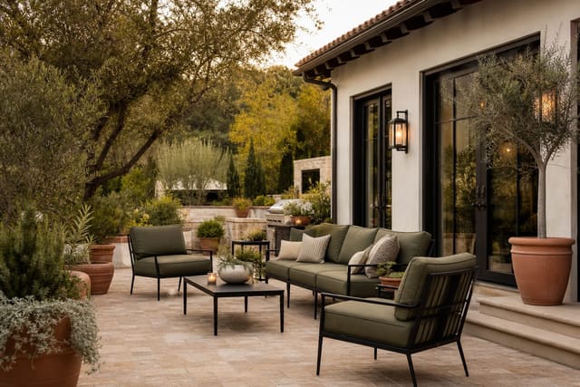 patio with warm neutral pavers, olive cushions, black metal furniture, terracotta planters, and layered greenery