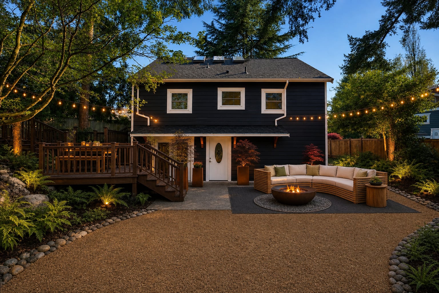 Backyard patio redesigned as a layered outdoor lounge with warm seating and planting