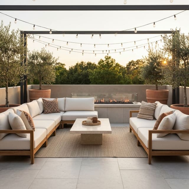 A patio designed as an outdoor living room with a sectional and string lights