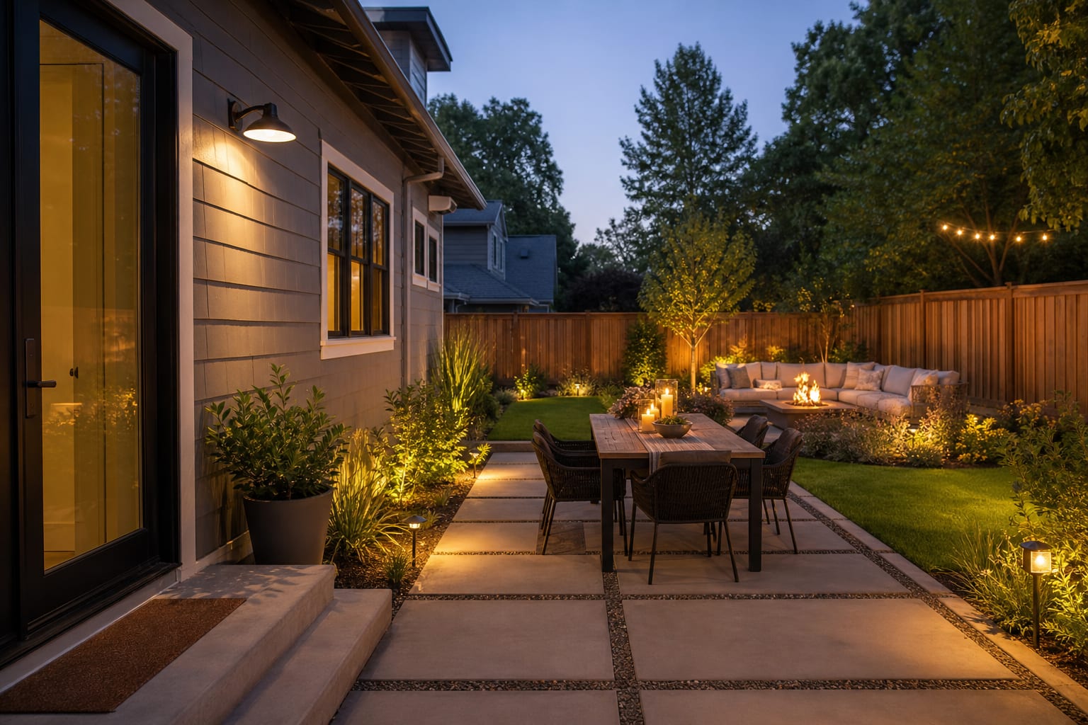 same patio view redesigned with large concrete pavers, gravel joints, a dining table, low planting beds, and a cleaner transition to the lawn.