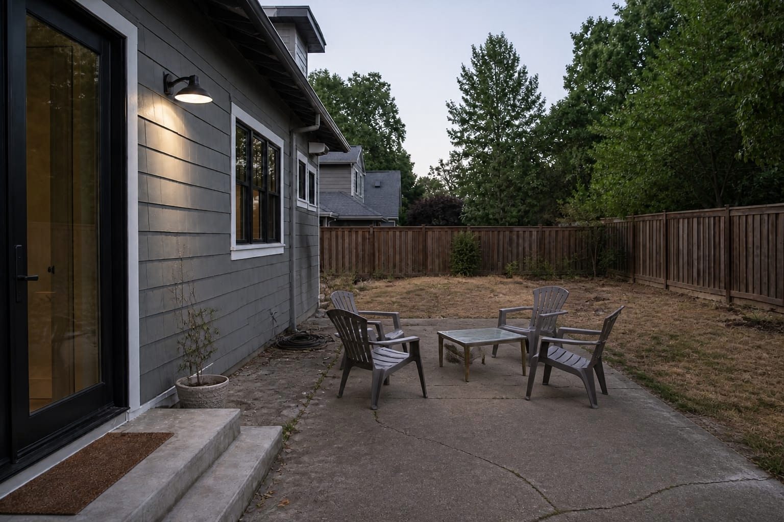 cracked concrete patio outside a back door with mismatched chairs, exposed edges, weeds in joints, and no clear outdoor room layout.