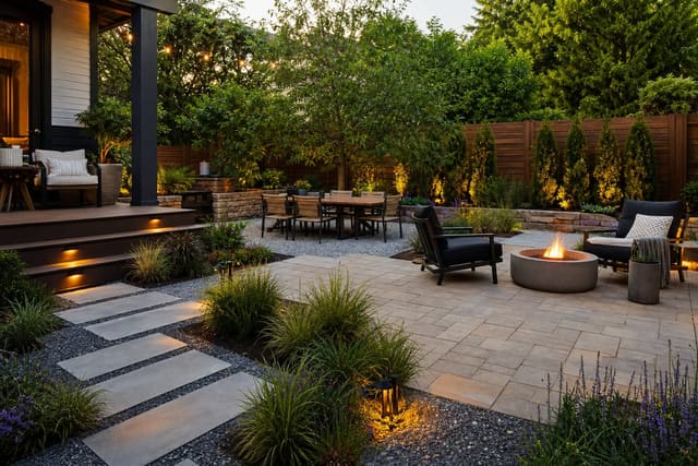 Patio Flooring Ideas: Pavers, Concrete, Gravel, and Composite Decking shown as a photorealistic outdoor redesign with layered materials, planting, lighting, and clear circulation