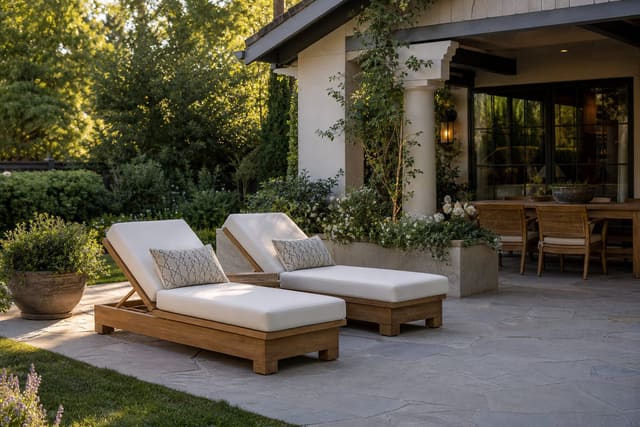 teak lounge chairs with weatherproof cushions on a stone patio beside planters and a shaded dining corner