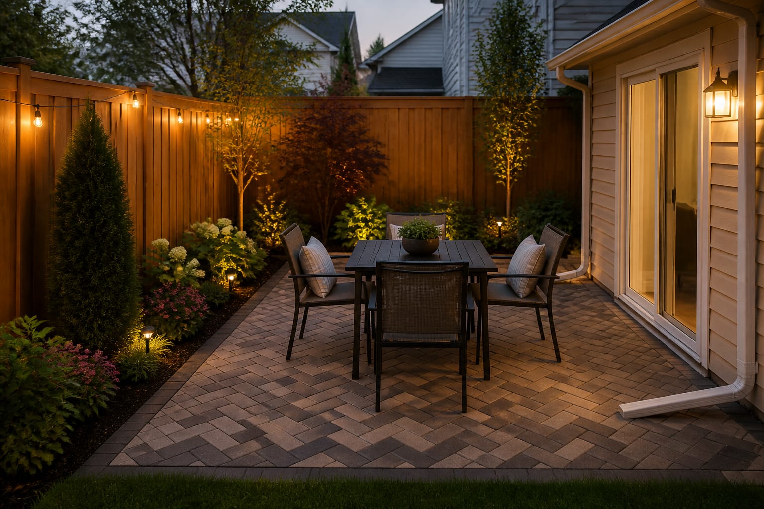 Finished paver patio with furniture in the same backyard space