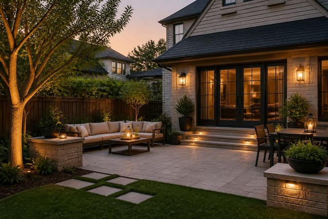 Patio Installation Cost: Real Prices by Material and Size, shown as warm editorial outdoor Re-Design photography with believable residential scale