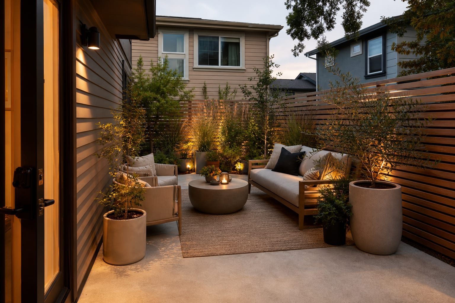 Same patio with slatted privacy screen, tall grasses in planters, warm lounge seating, and a protected outdoor sitting zone.