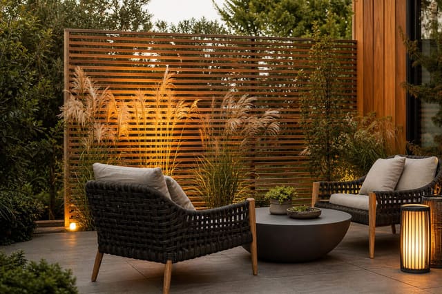 private patio lounge with slatted wood screen, tall grasses, woven chairs, and warm lanterns blocking nearby views
