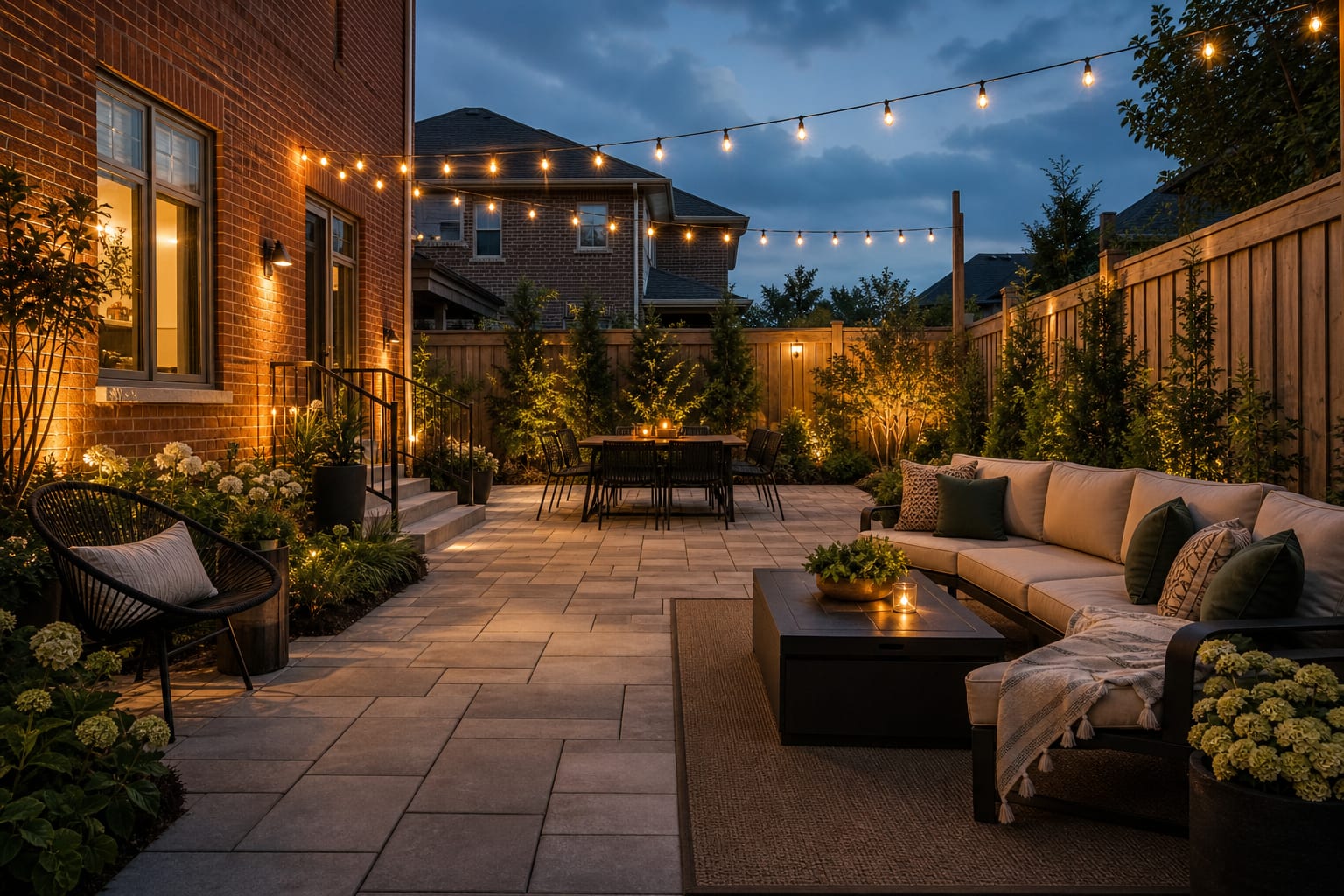 same patio with warm cafe lights overhead, planters around the edges, a grounded outdoor rug, and a clear path beside the dining area.