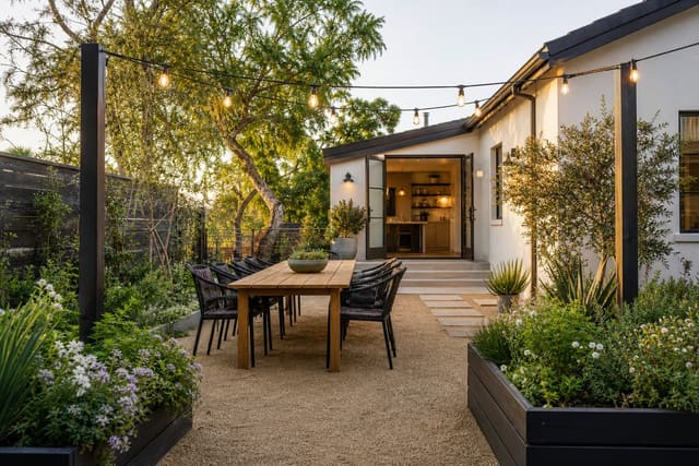 patio dining area with warm string lights suspended from posts, planters framing the seating, and a clear path to the door
