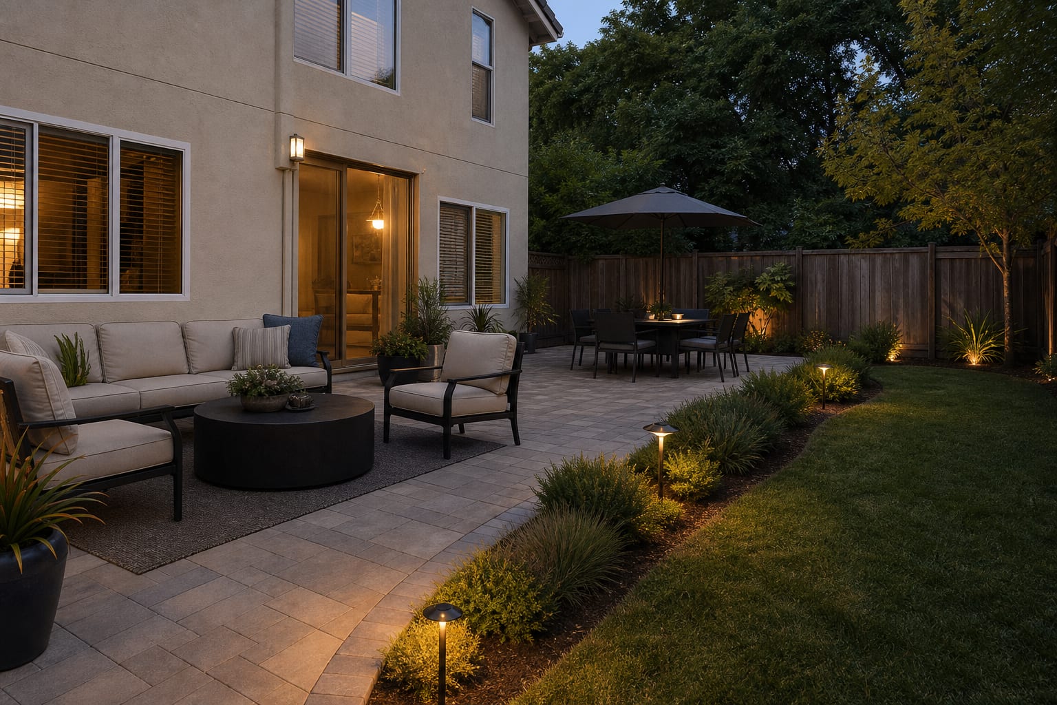 same backyard angle with a clean paver edge, level grass transition, low ornamental planting, and warm low path lights