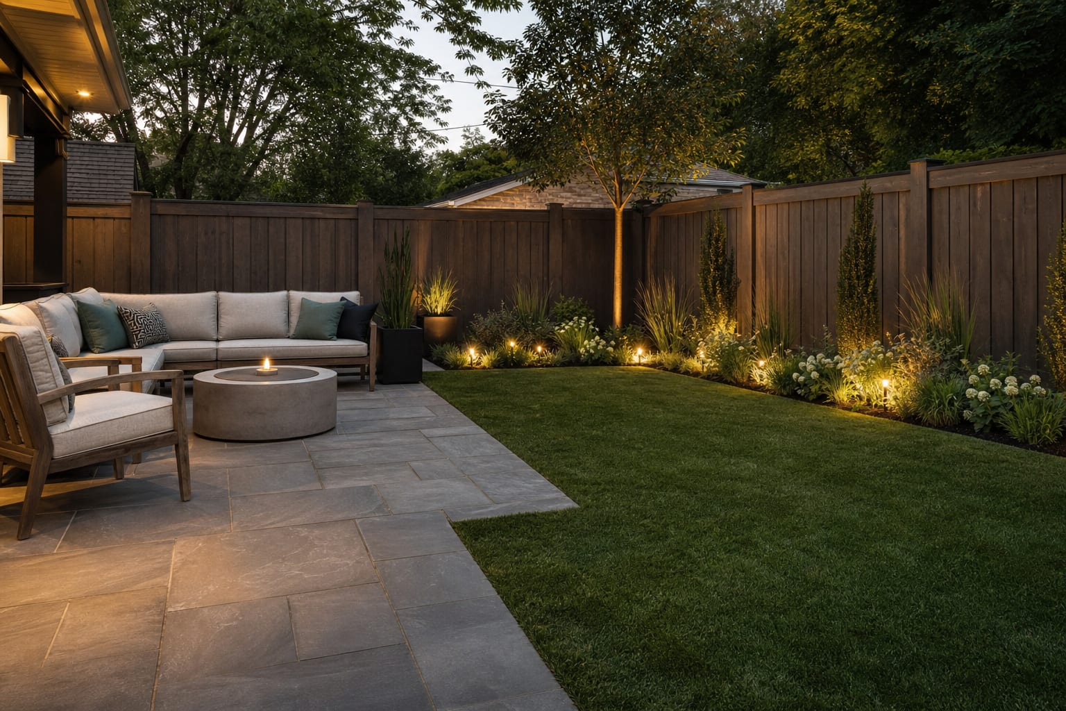 finished patio edge with low planting, a flush lawn transition, and warm path lighting in a compact backyard