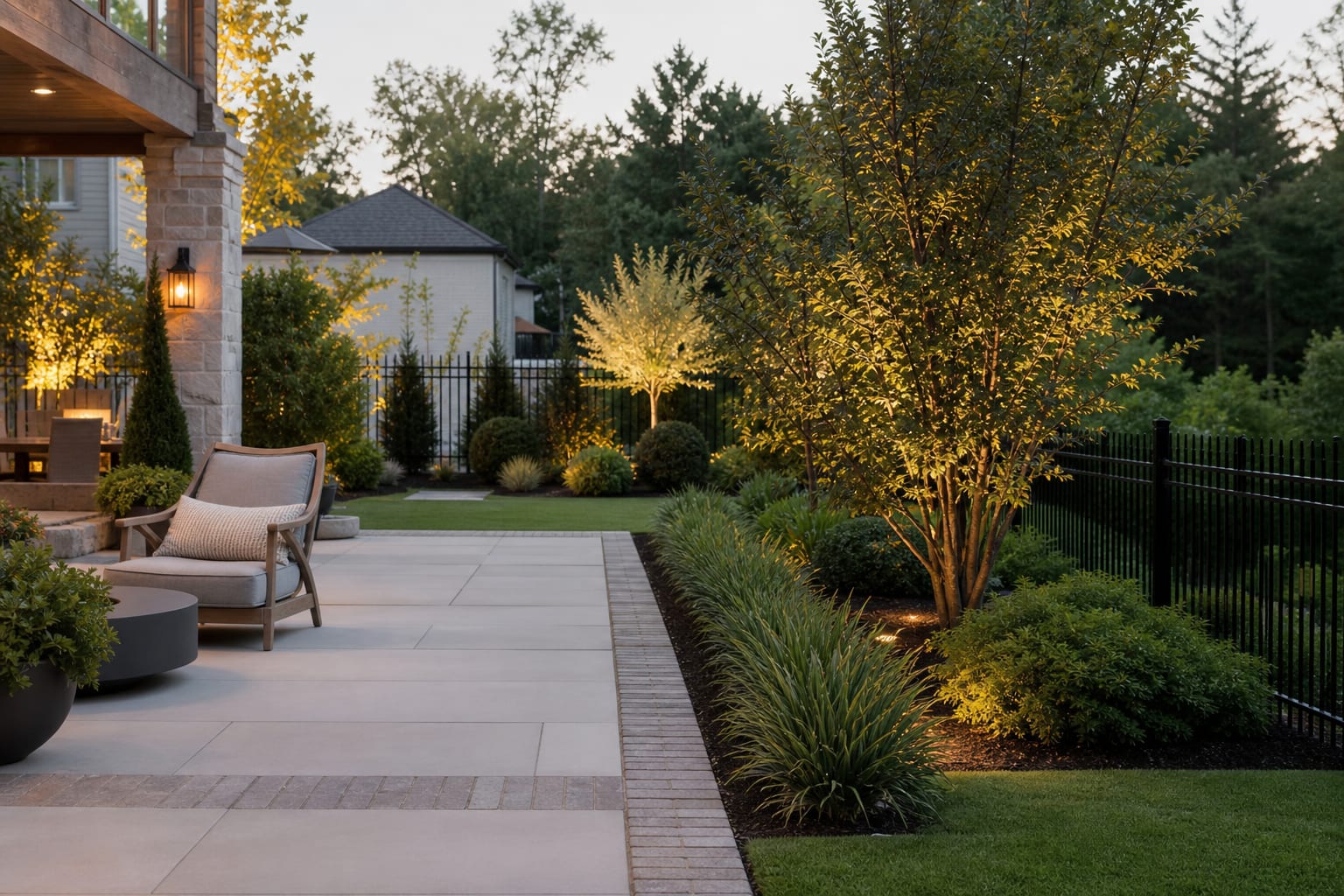 patio edge with a paver mowing strip, compact grasses, and lawn kept level with the hardscape