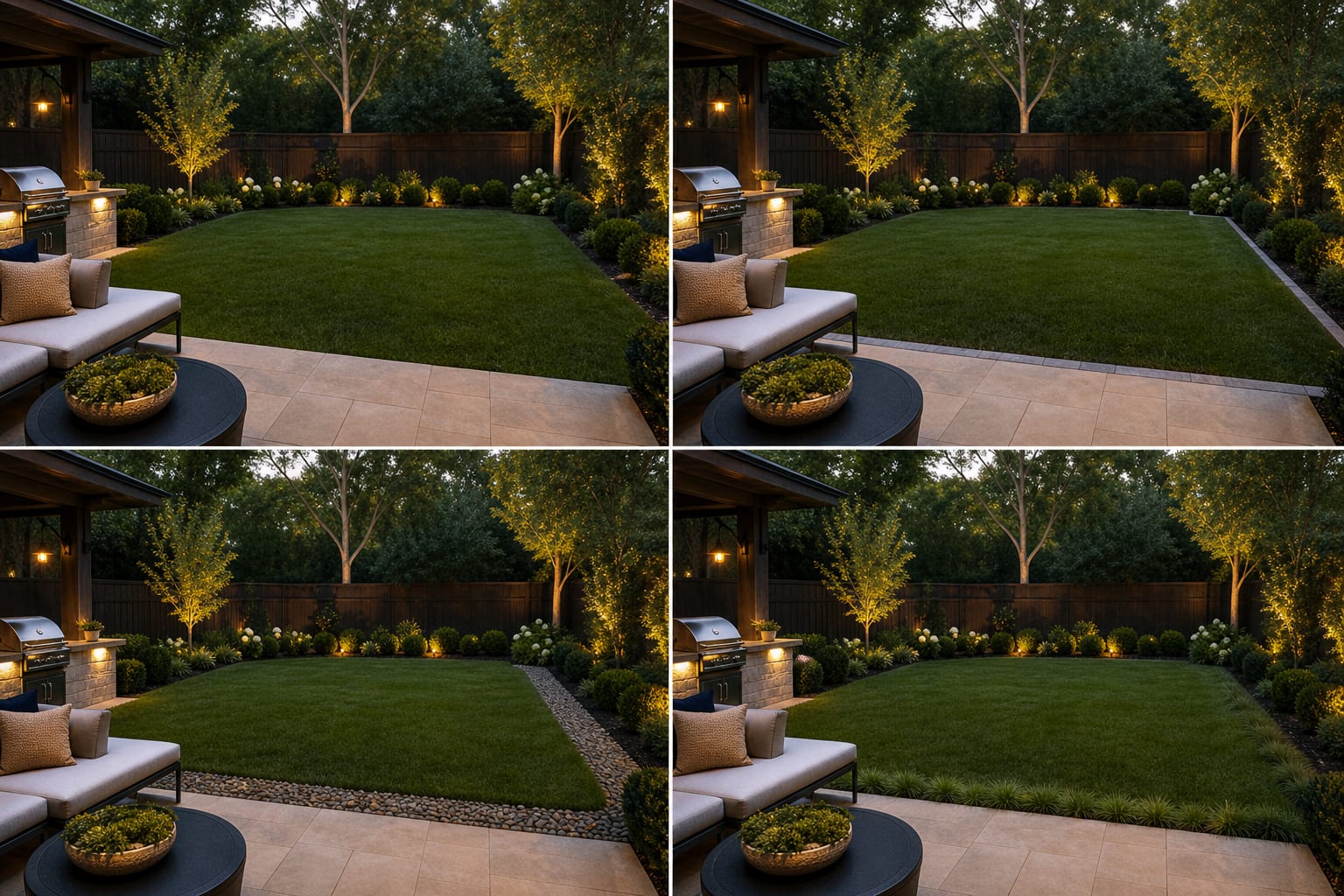 AI-style preview of four patio-to-lawn edge options shown from the same backyard camera angle