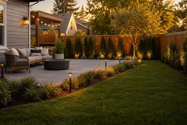 finished patio edge with low planting, a flush lawn transition, and warm path lighting in a compact backyard