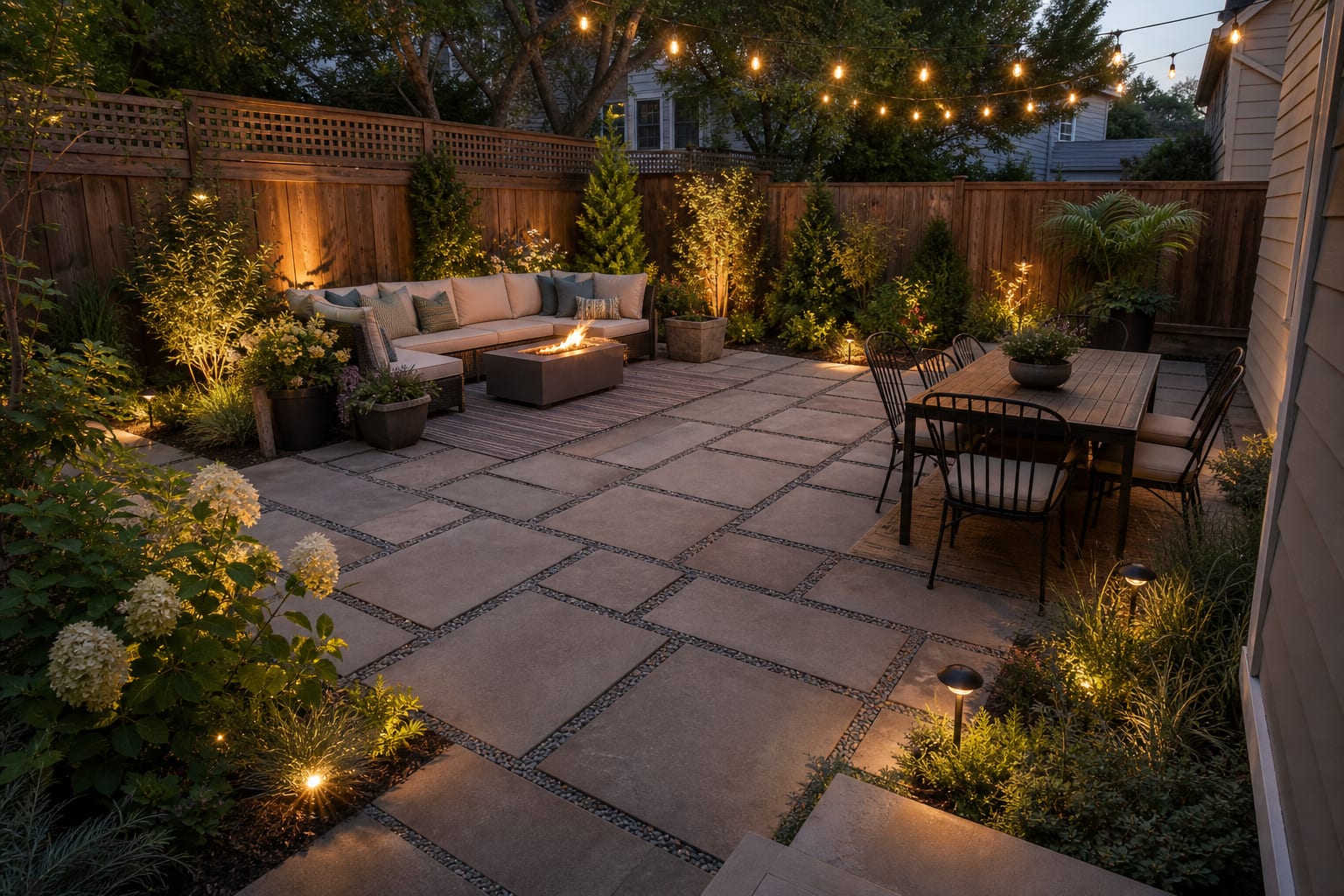 Same patio angle redesigned with charcoal-bordered pavers, a herringbone field, dining set, and layered planters.