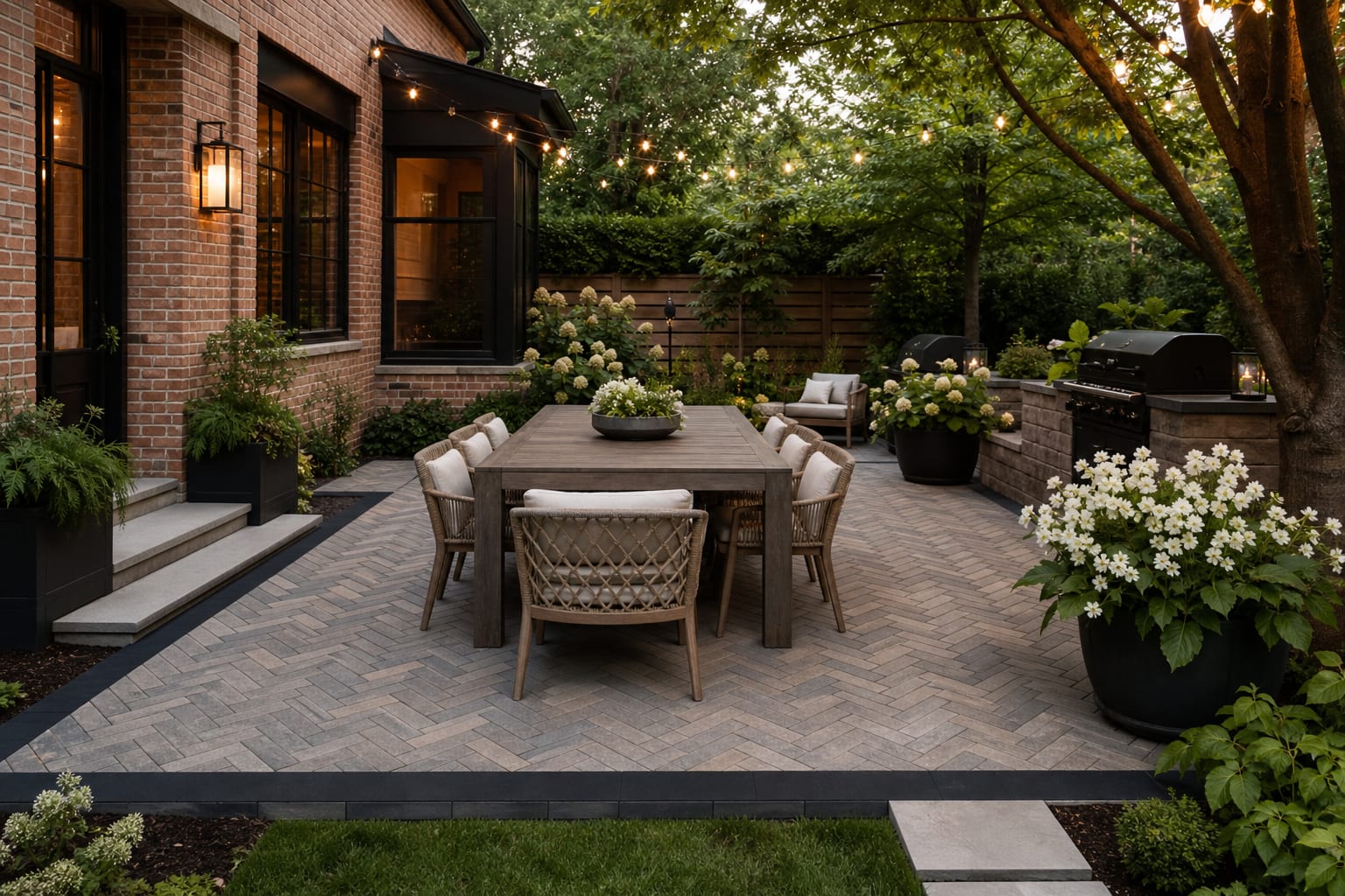 Charcoal-bordered herringbone paver patio with dining furniture, planters, and warm string lighting beside a brick house