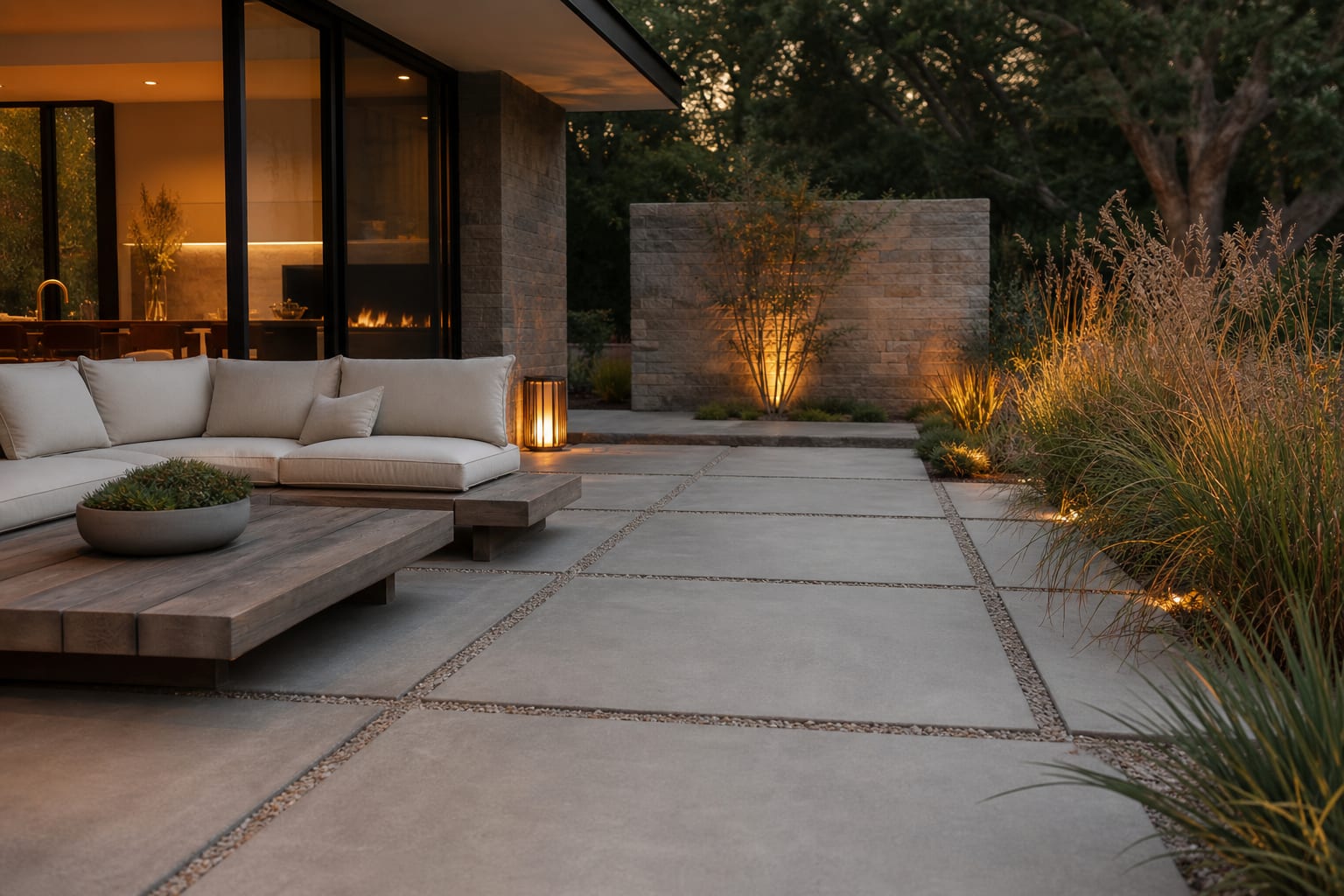 Large-format concrete paver patio with gravel joints, low lounge furniture, and ornamental grasses along the edge