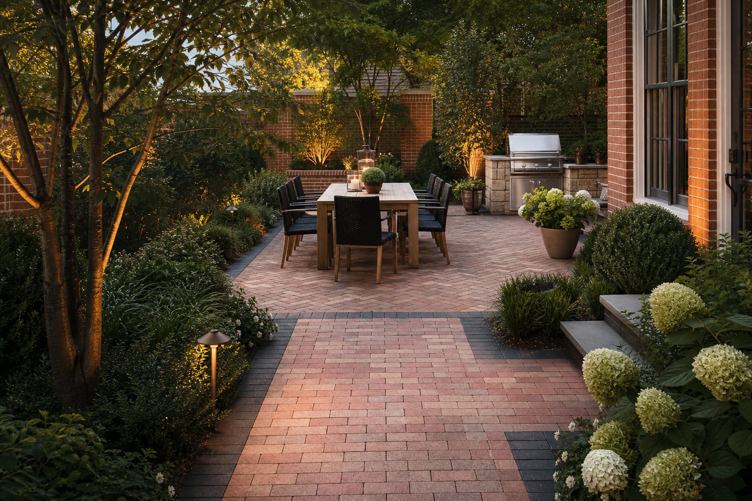 Brick paver patio with a running-bond path leading to herringbone dining area and a dark soldier-course border