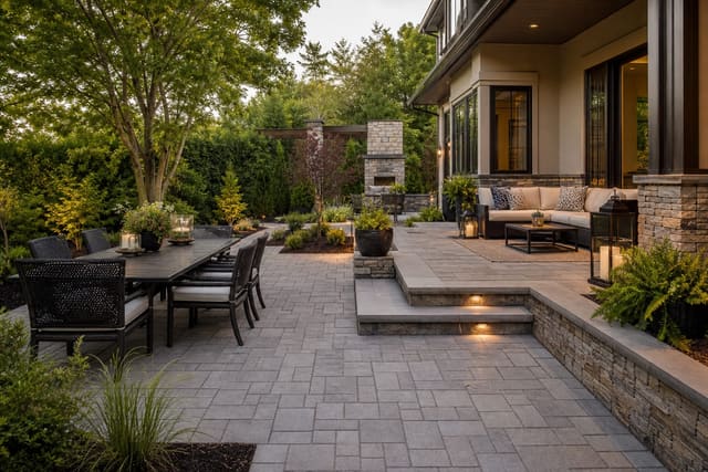 Paver Patio Ideas: Design Patterns, Layouts, and Material Choices shown as a photorealistic outdoor redesign with layered materials, planting, lighting, and clear circulation