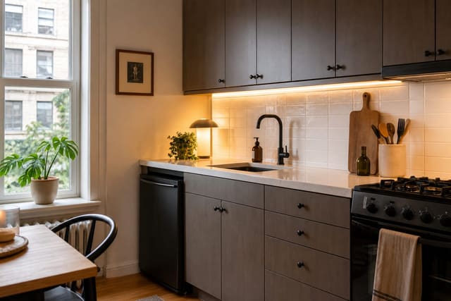 removable white backsplash tile on a compact rental kitchen wall with warm under-cabinet lighting and clean counter edges