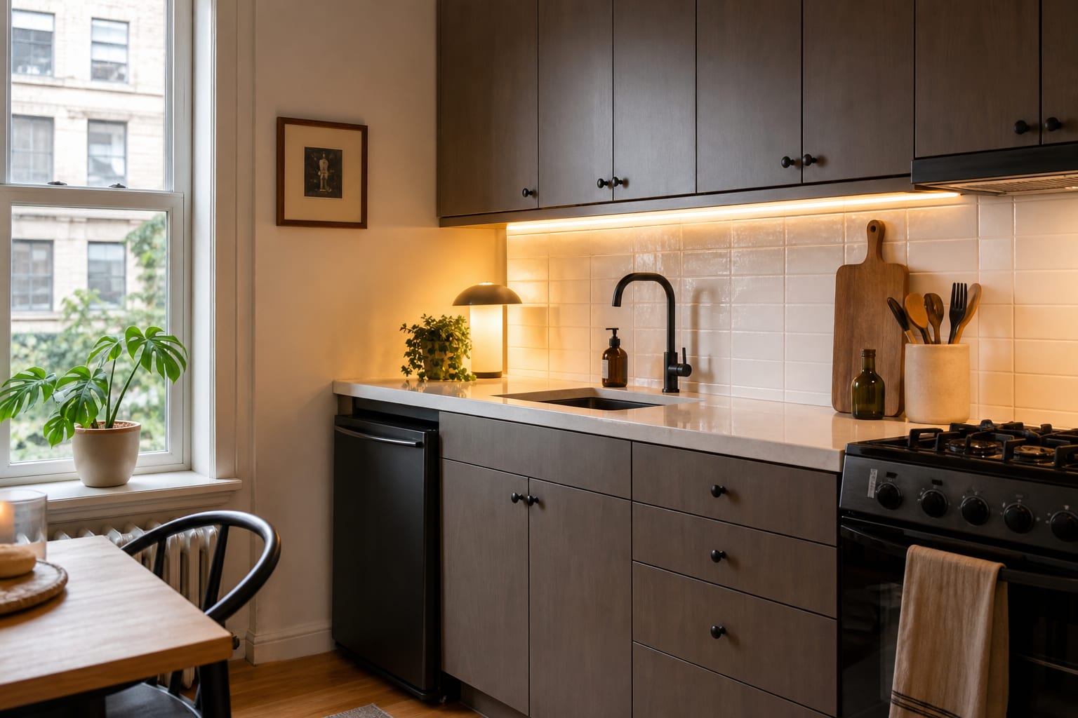 removable white backsplash tile on a compact rental kitchen wall with warm under-cabinet lighting and clean counter edges