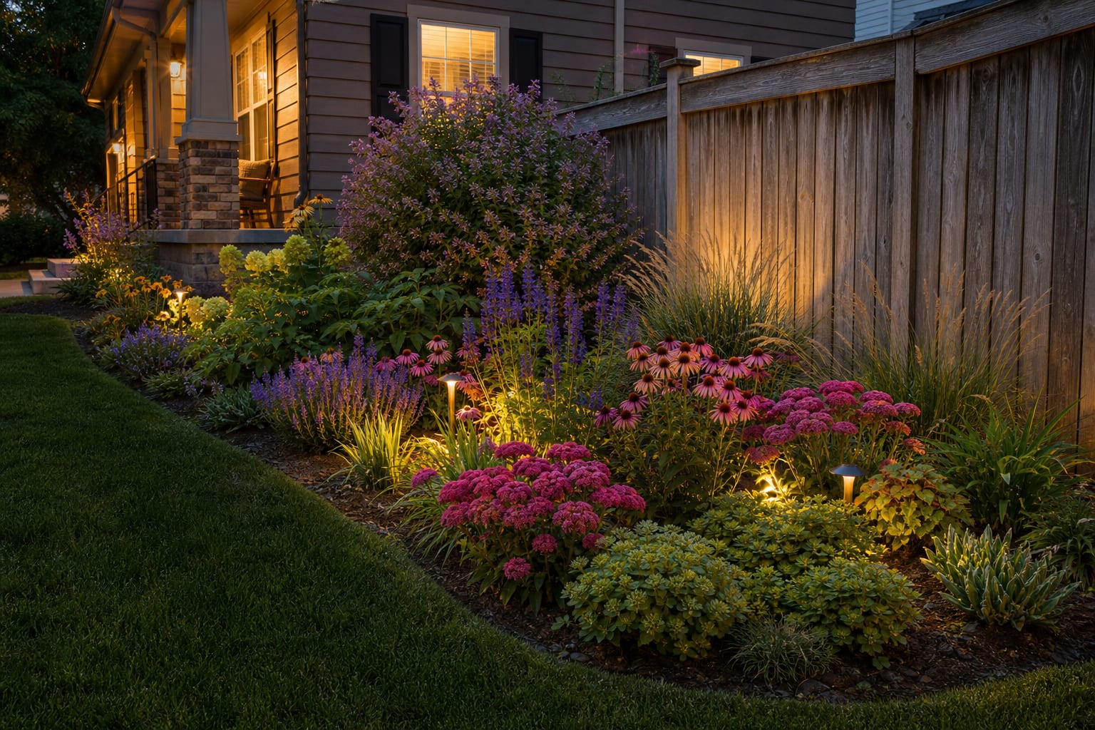 same garden edge redesigned with butterfly bush, repeated perennials, grasses, bulbs, and a wider planted border with year-round structure
