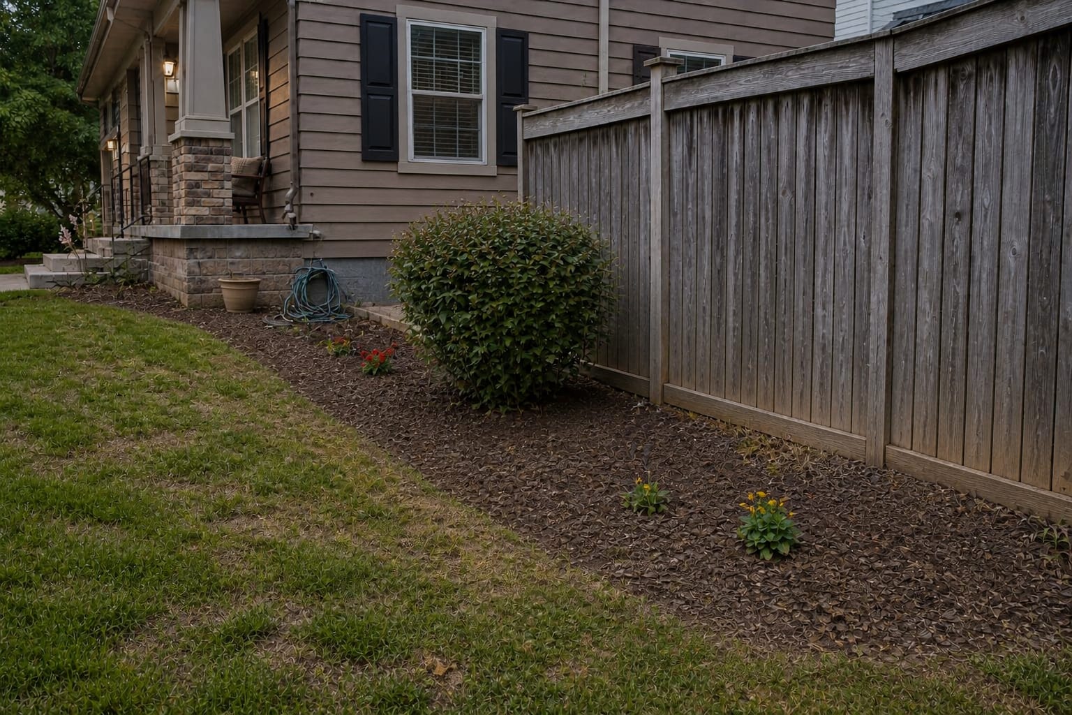 thin garden bed with bare mulch, one oversized shrub, scattered annuals, and no bloom sequence along a lawn edge
