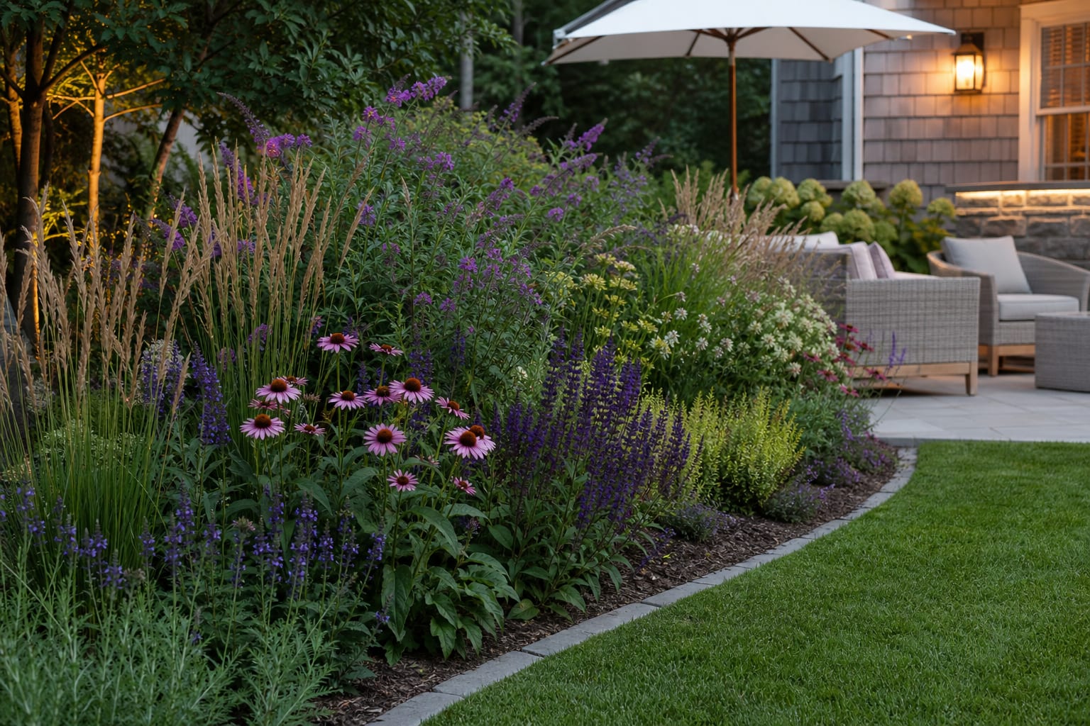 layered perennial flower border with butterfly bush, coneflower, salvia, grasses, and a curved garden edge beside a lawn