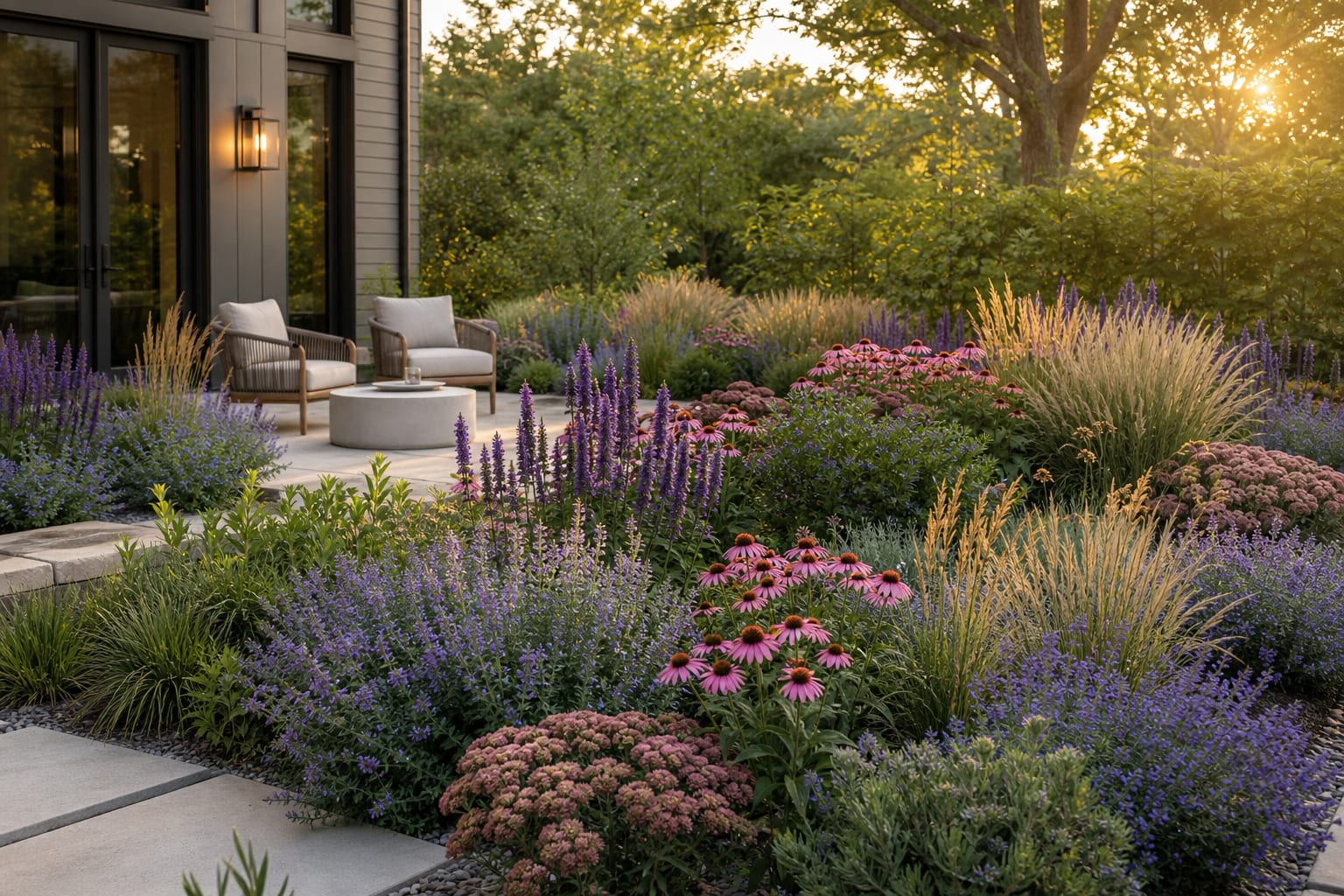 sunny perennial border with dwarf butterfly bush, lavender-blue salvia, coneflowers, sedum, and ornamental grasses in repeated drifts