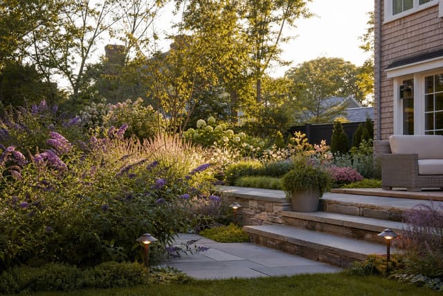 Butterfly Bush and Perennial Garden Bed Ideas: Low-Maintenance Color All Season shown as a photorealistic outdoor redesign with layered materials, planting, lighting, and clear circulation
