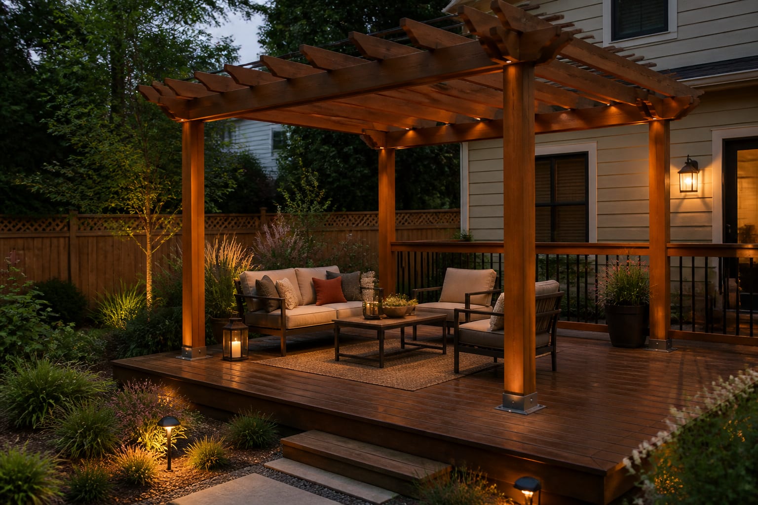 The same deck with a finished DIY-built wood pergola overhead