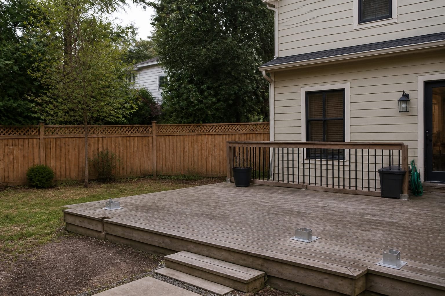 Empty deck with bare post anchors before a DIY pergola is built