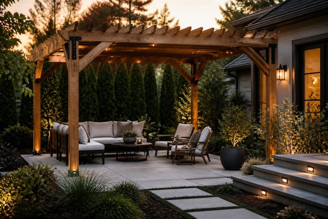 Cost to Build a Pergola in 2026: DIY Kit vs Hiring a Pro, shown as warm editorial outdoor Re-Design photography with believable residential scale