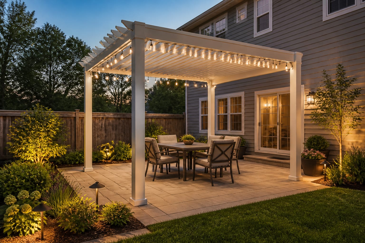 The same patio shaded by a finished aluminum pergola with furniture