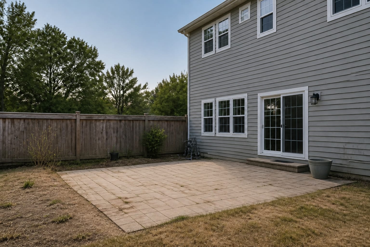 Empty sunny patio with no shade structure before a pergola is added