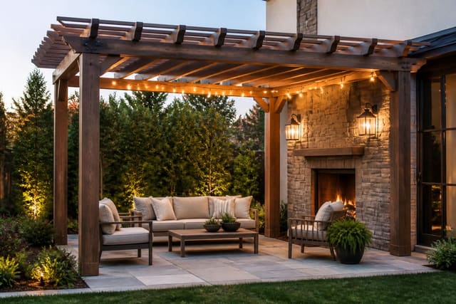 Pergola Cost Guide: Materials, Sizes, and Build Options, shown as warm editorial outdoor Re-Design photography with believable residential scale