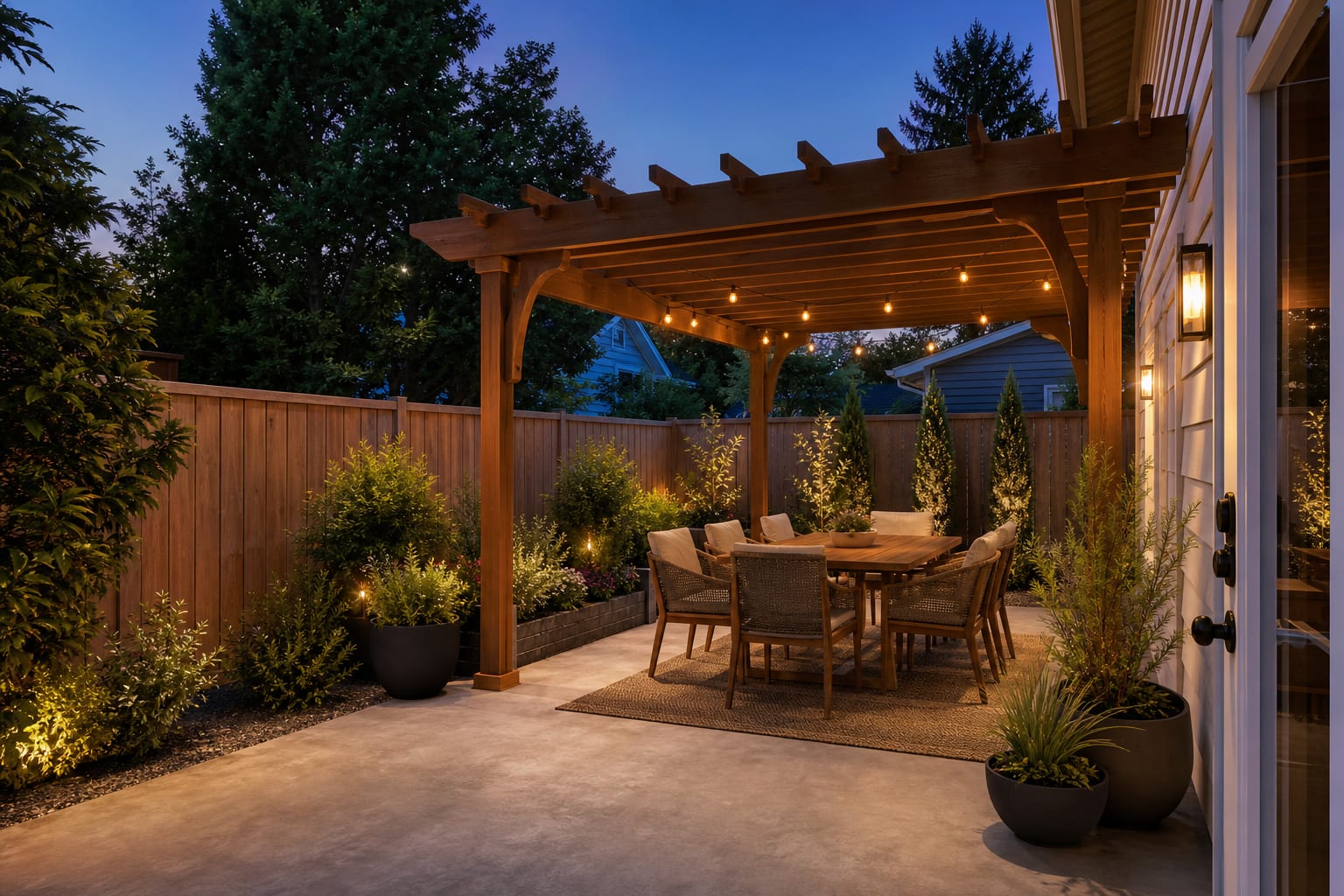 same patio angle with a cedar pergola over a dining table, warm lights, gravel planting beds, and planters softening the fence