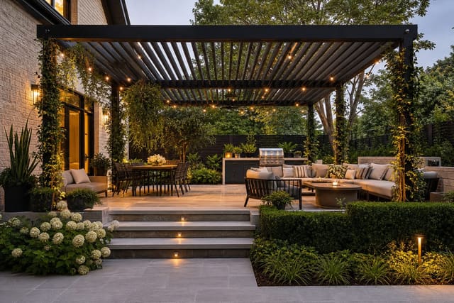 Pergola Ideas: The Outdoor Structure That Does Everything shown as a photorealistic outdoor redesign with layered materials, planting, lighting, and clear circulation