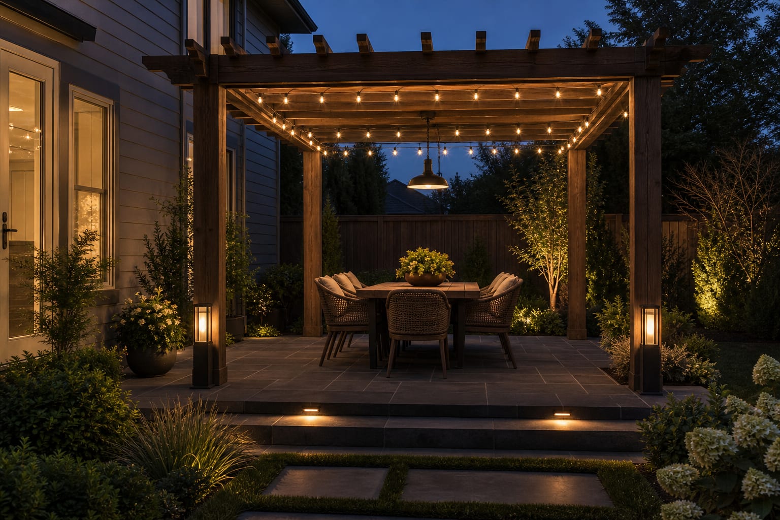 same pergola patio with warm string lights across the beams, a pendant above the table, and subtle lights near the steps.