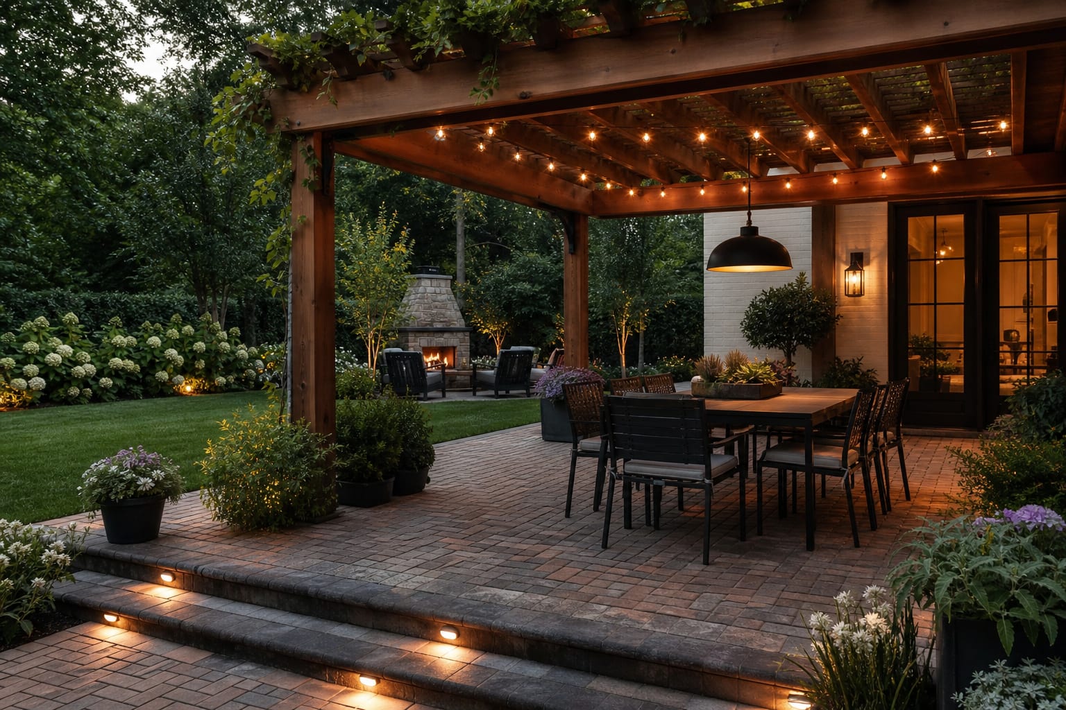 warm pergola patio with string lights, dimmable pendant over a dining table, and low-glare step lighting along brick paving