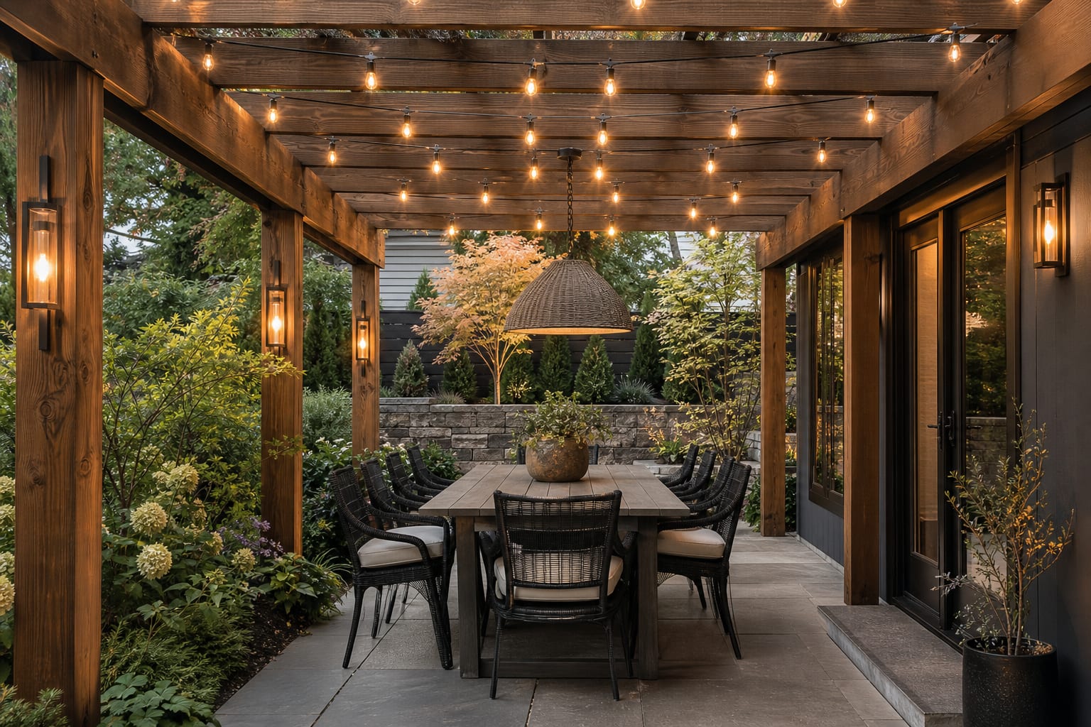 cedar pergola with parallel string lights, shielded post lights, and an outdoor dining pendant over a rectangular table